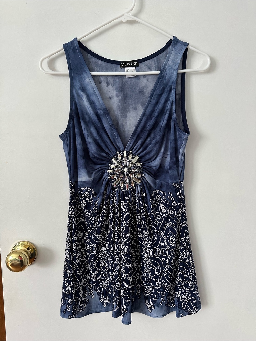 VENUS Navy Tie-Dye V-Neck Tank with Jewel Accent S